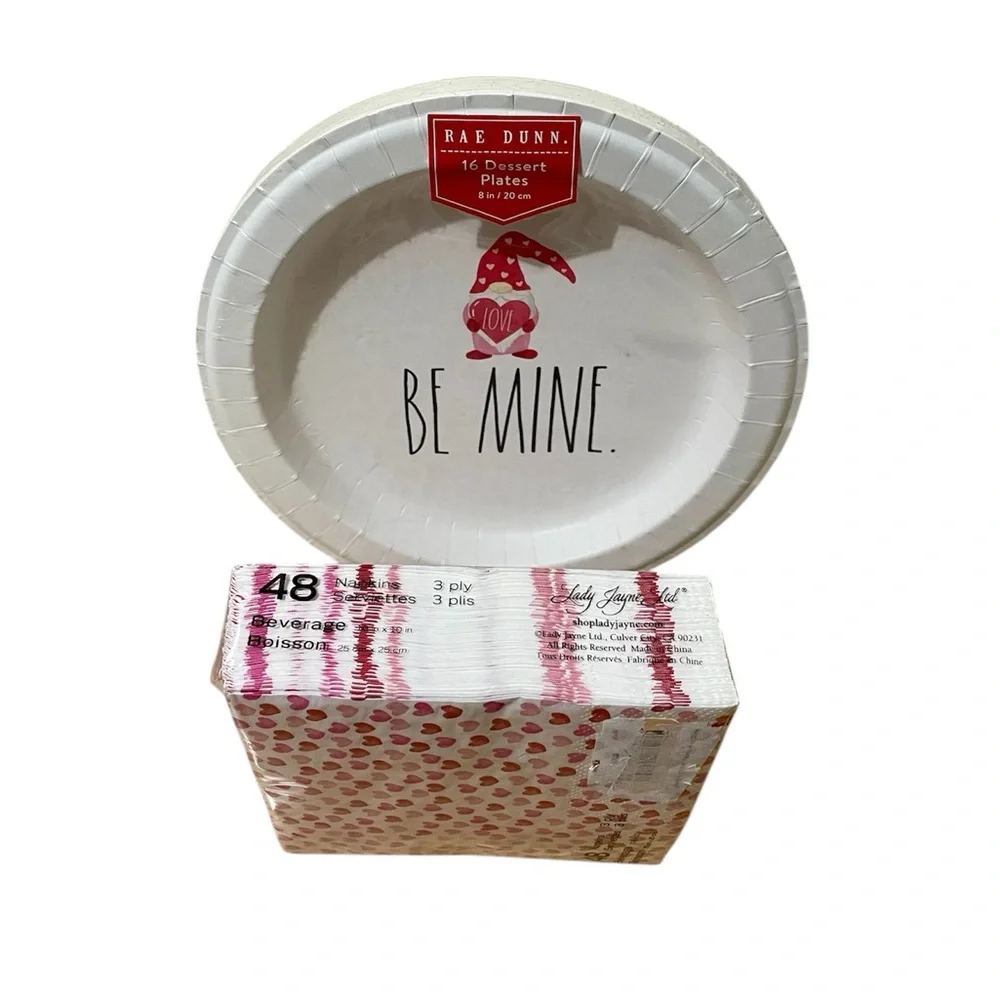 Rae Dunn “Be Mine” Dessert Plates and Lady Jayne Heart Patterns Napkins Set